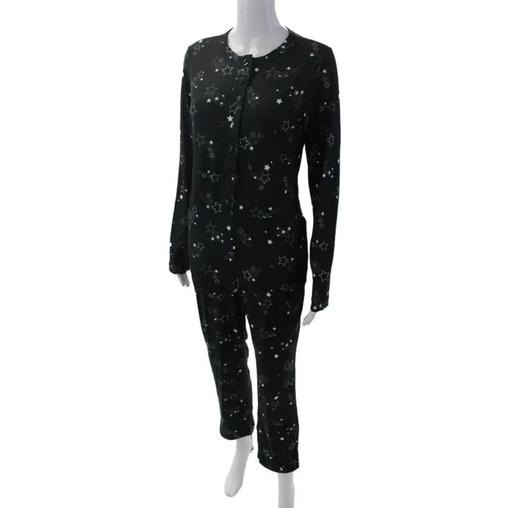 Mason Grey Womens Star Print Long Sleeve Sleepwear One Piece Black Size S